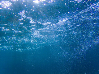 Bubbles under the sea in the crystal clear green sea water. Mediterranean sea bubbles, Air bubbles...
