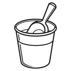 Simple black and white illustration of a cup with a spoon inside for eating and drinking