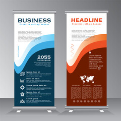 Creative roll Up banner template, Standee Design template, vertical banner template with blue and orange color. Presentation and Brochure Flyer. Vector eps 10