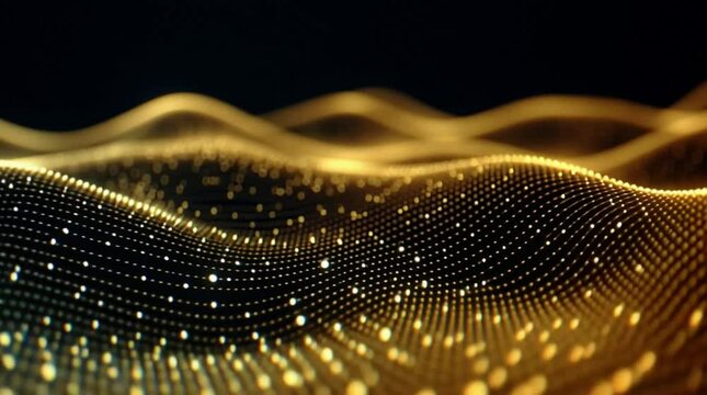 Golden Light Waves with Sparkling Particles in an Abstract Composition of Flowing Forms and Fluid Motion in a Dark Background