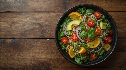 Flat lay of colorful quinoa salad with avocado, orange slices, cherry tomatoes and greens on rustic wooden background. Balanced and healthy meal.