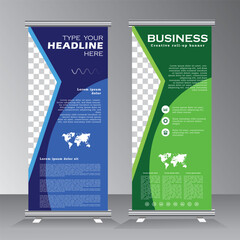 Roll Up banner template, Standee Design template, vertical banner template with green and blue color. Presentation and Brochure Flyer. Vector eps 10