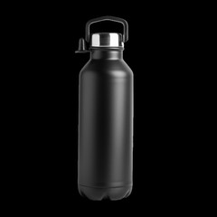 Matte black stainless steel water bottle with silver cap isolated on transparent background