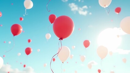 Red and white balloons floating in the blue sky to celebrate Indonesia Independence Day