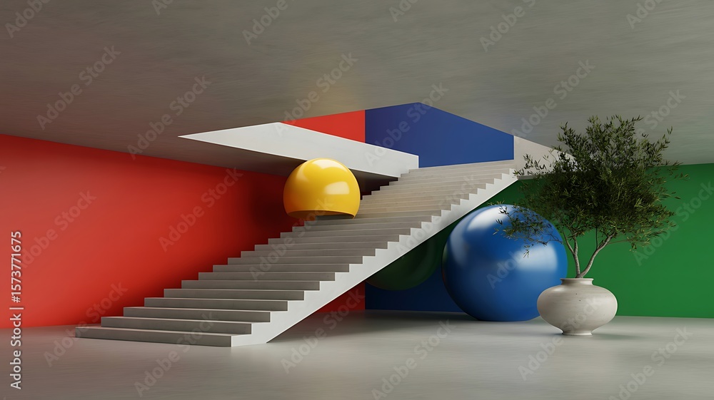 Fototapete abstract architecture colorful 3d render of modern staircase and geometric forms