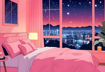 Pink bedroom with cityscape night view cozy ambience