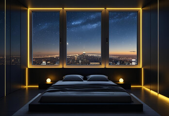 Comfortable Bedroom dark lights with city night view cozy ambience