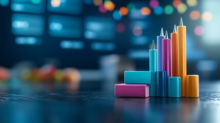 Colorful 3D bar graphs rise against a blurred background, suggesting analysis and data visualization in a modern workspace.