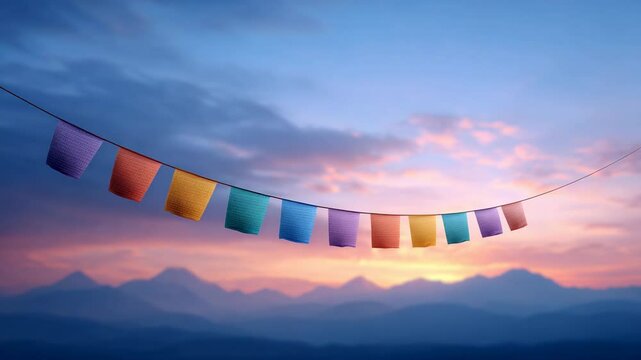 Peaceful Prayer Flags at Sunset: Vibrant prayer flags strung against a backdrop of majestic mountains at sunset, creating a serene and spiritual atmosphere.