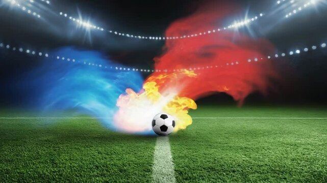 Soccer ball with fire burning in stadium hall background. Football big match festival