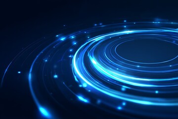 Abstract blue glowing light trails and particles swirling in a dark futuristic vortex motion