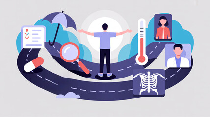 Health journey illustration with person, medical icons, and road symbolizing wellness