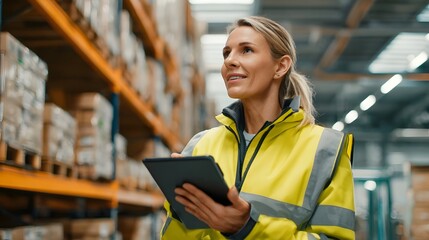 Mature female professional using a digital tablet to conduct assurance and inventory management tasks in a modern warehouse setting with contemporary lighting