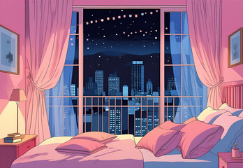 Pink bedroom with city night view cozy ambience