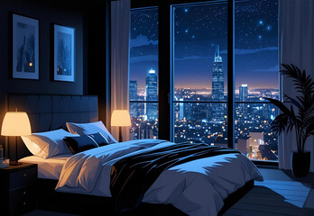 Cityscape night view from apartment bedroom cozy ambience