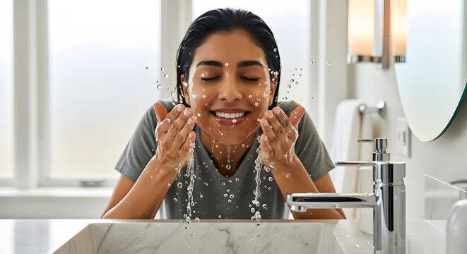 Woman Washing Her Face Refreshing Facial Cleansing Revitalize Your Skin with a Simple Water Rinse