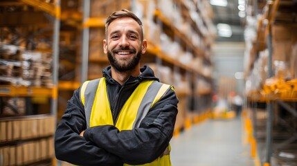 Portrait of a happy professional man in a warehouse environment overseeing logistics export and supply chain management with a confident and approachable demeanor
