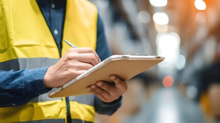 A digital tablet and scroll display shipping information inspection schedules and distribution logs for efficient inventory management in a contemporary cinematic warehouse setting