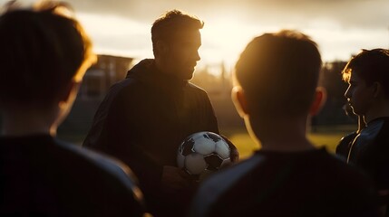 A group of children playing soccer with their coach working on teamwork strategy and formation during a training session on the field