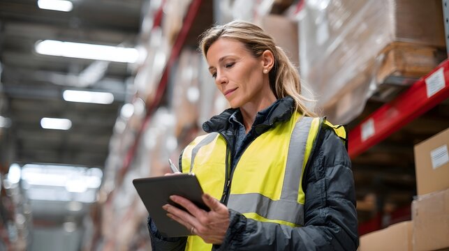 Mature professional woman using digital tablet for inspection inventory tracking and logistics management in a contemporary industrial warehouse setting