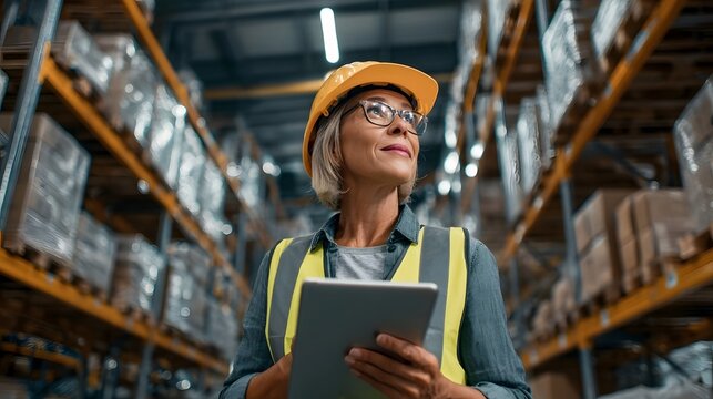 Mature woman using a digital tablet to inspect inventory manage logistics and ensure control in a contemporary industrial warehouse setting - Powered by Adobe
