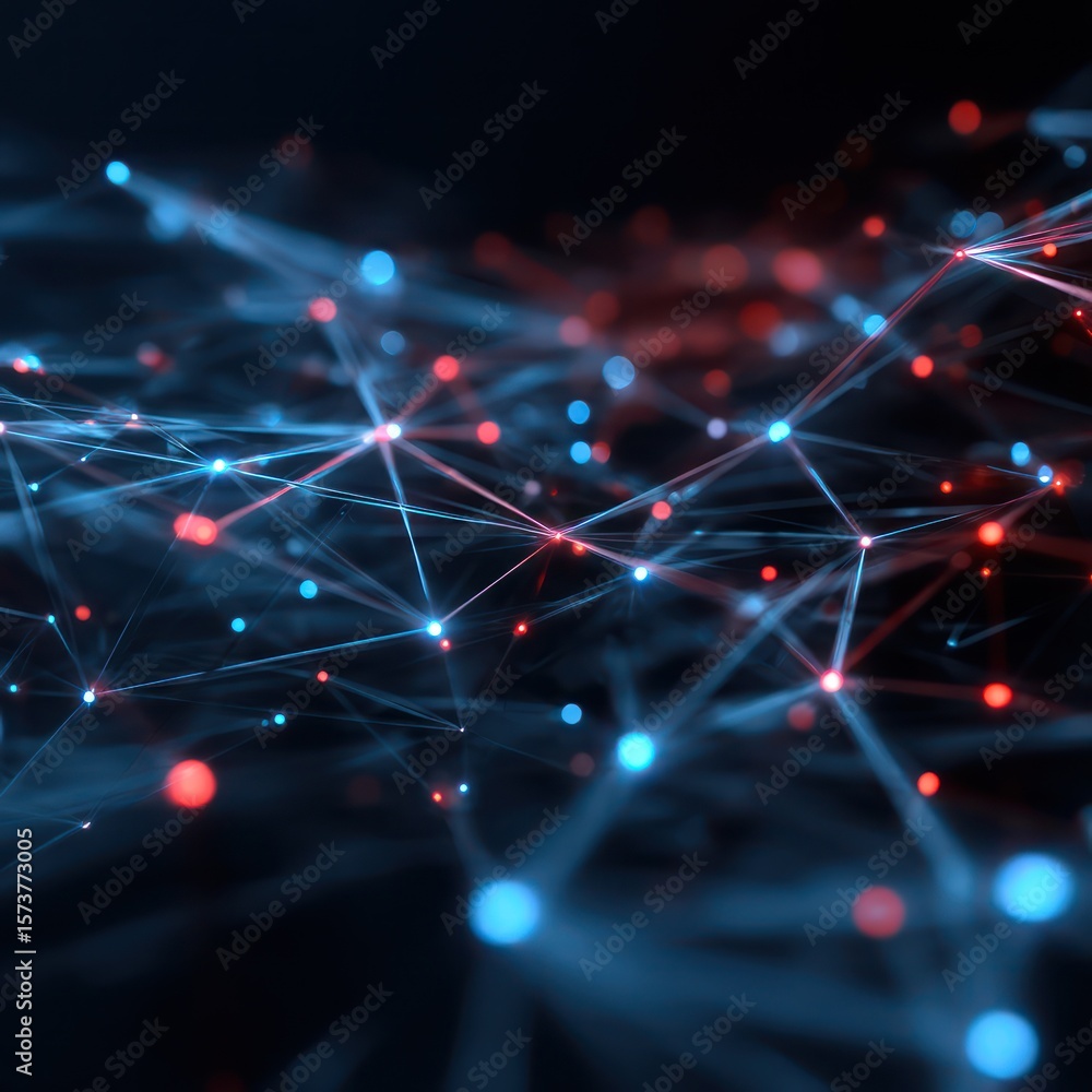 Poster digital grid network of interconnected nodes glowing in red and blue, symbolizing digital systems.