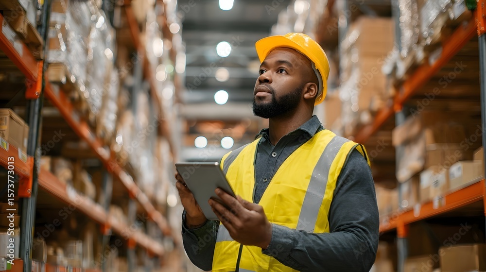 Poster african warehouse worker in a contemporary industrial setting using a tablet device to conduct digit