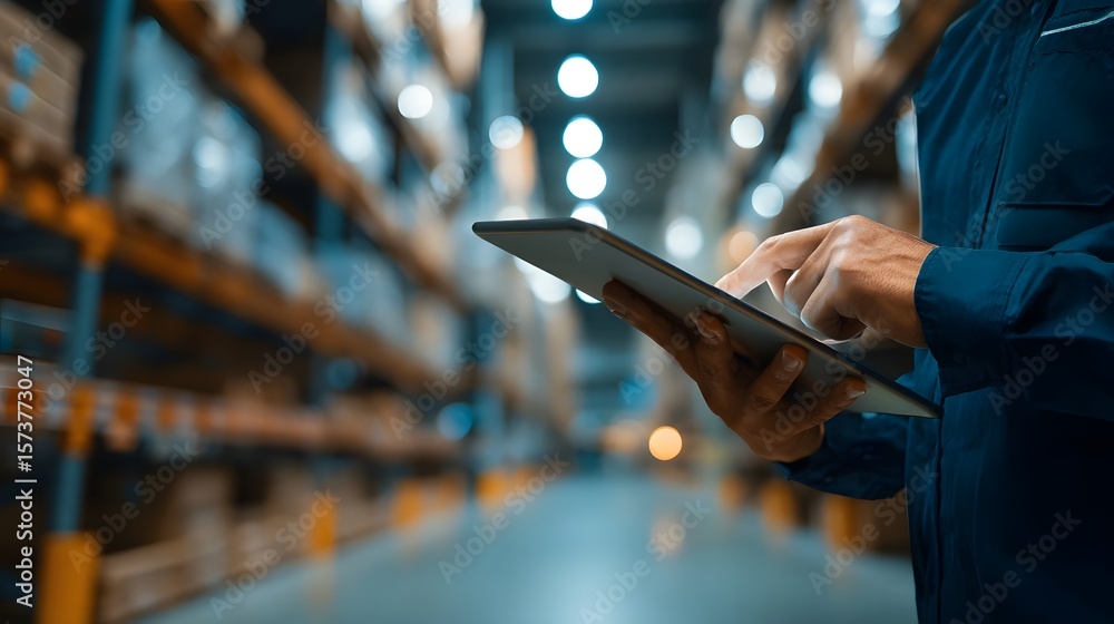 Poster warehouse worker inspecting inventory packages and conducting control checks on a digital tablet in 