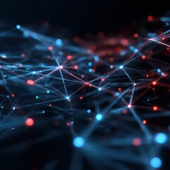 Digital grid network of interconnected nodes glowing in red and blue, symbolizing digital systems.