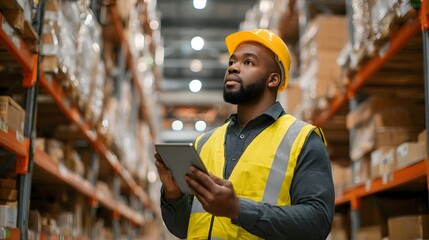 African warehouse worker in a contemporary industrial setting using a tablet device to conduct digital inventory checks and assurance processes as part of the logistics and distribution ope ns