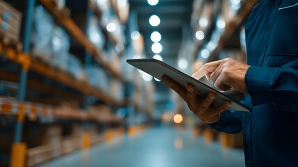 Warehouse worker inspecting inventory packages and conducting control checks on a digital tablet in a modern organized storage facility