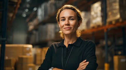 Portrait of a confident woman arms crossed standing in a warehouse setting for logistics export and supply chain ope ns