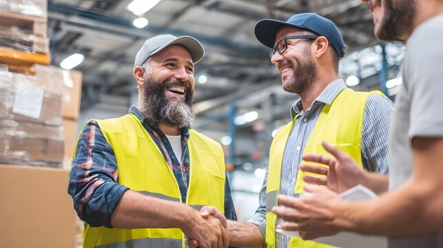 Two business partners shaking hands in a modern warehouse setting surrounded by their distribution team who are applauding the successful export agreement partnership