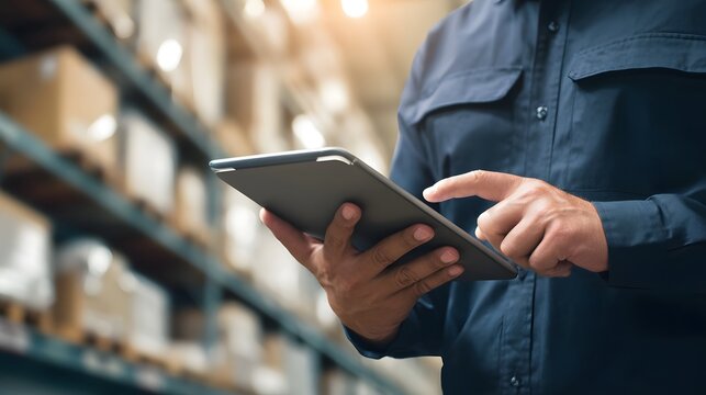A team of professionals using a digital app and backlog system to solve logistics and inventory management challenges in a contemporary cinematic warehouse environment
