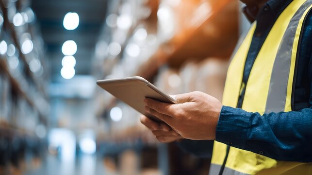 Warehouse worker using tablet device to monitor inventory schedule deliveries and ensure control at a storage facility