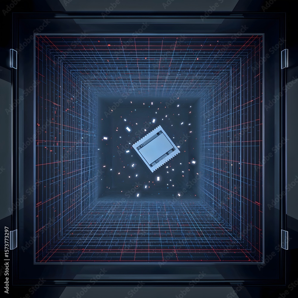 Poster abstract digital cube floating in a grid space with dark background