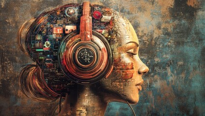 A digital human head with headphones and a microphone, composed of circuitry, symbolizing the integration of AI in customer service and support.