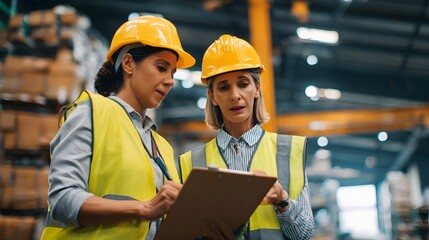 Women working together with clipboards discussing inventory planning and management at a warehouse with cinematic lighting