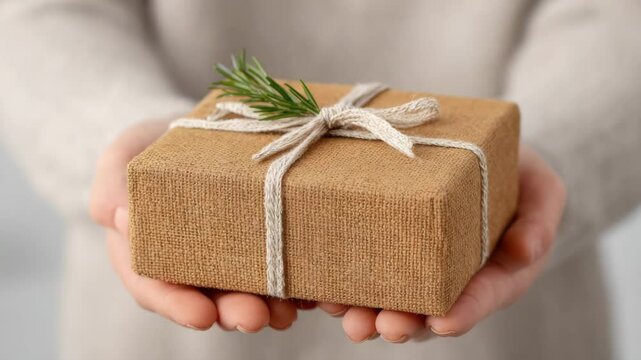 Wrapped Gift: A beautifully wrapped gift, adorned with natural twine and a sprig of greenery, is held gently in open hands, showcasing the art of giving and the anticipation of receiving. 