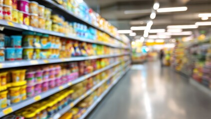 Blurred supermarket aisle with food products