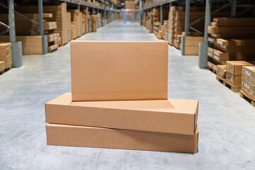 A stack of cardboard boxes awaits shipment in a warehouse. This scene highlights logistics and the...