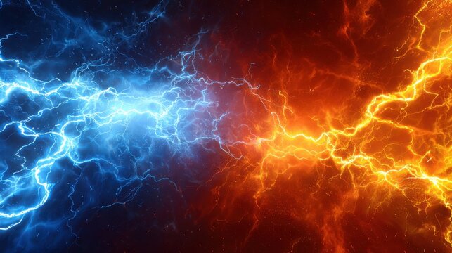 Powerful clash of vibrant blue and fiery orange lightning bolts across a dark background