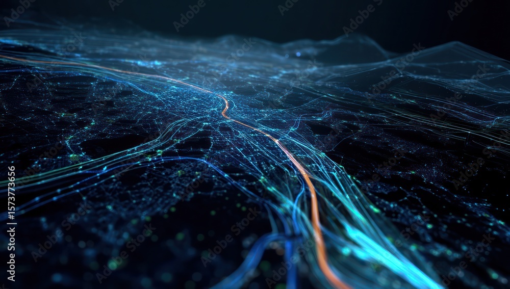 Poster high-tech digital map with moving data streams and live routes providing real-time location tracking