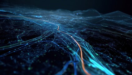 High-tech digital map with moving data streams and live routes providing real-time location tracking.