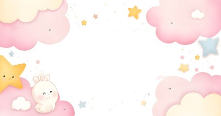 "Cute baby girl frame with pastel pink watercolor and clouds, central white space, minimalist flat vector design in sweet pastel tones."

