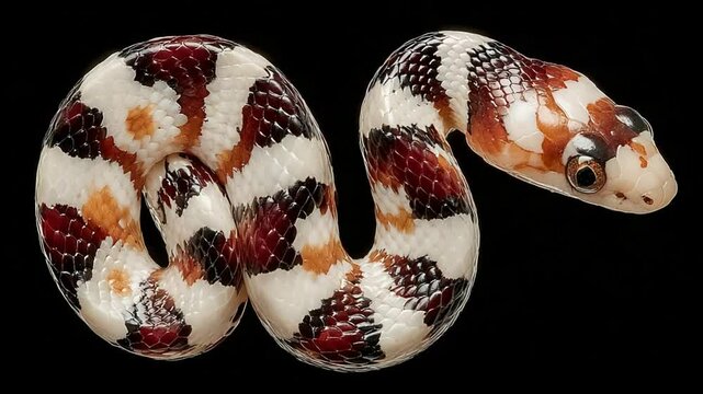 Milk Snake isolated on black background, pattern of elegance and vivid contrast, capturing the