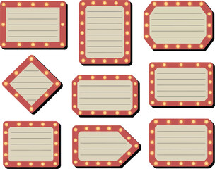 Collection of vintage marquee sign shapes with light bulbs and lined paper for text area