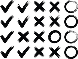 Obraz premium A set of brush stroke symbols including check marks x marks and circles arranged in a grid pattern