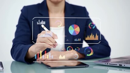 Businesswoman Analyzing Data on Digital Tablet - Powered by Adobe