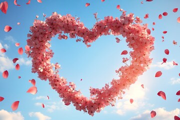 A heart-shaped frame made of cherry blossoms against the blue sky, with petals gently falling around it. The background is clear and bright, creating an atmosphere of love and beauty.